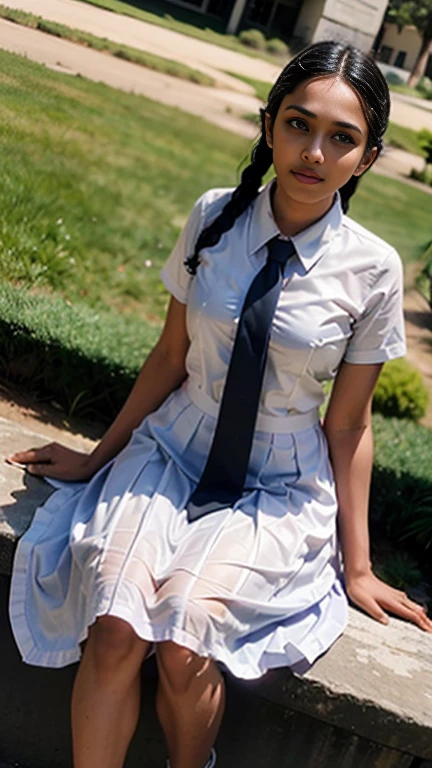 Raw photo , 1 girl  ,Wearing white frock and color tie, white shoes ,sri lanka teen school girl, with plait, big breasts, sexy , professional photographer, (hdr:1.4), masterpiece, ultra-realistic 8k, perfect artwork, intrincate details, cute face, award winning photograph, (Best quality, 8k, 32k, Masterpiece, UHD:1.3) ,