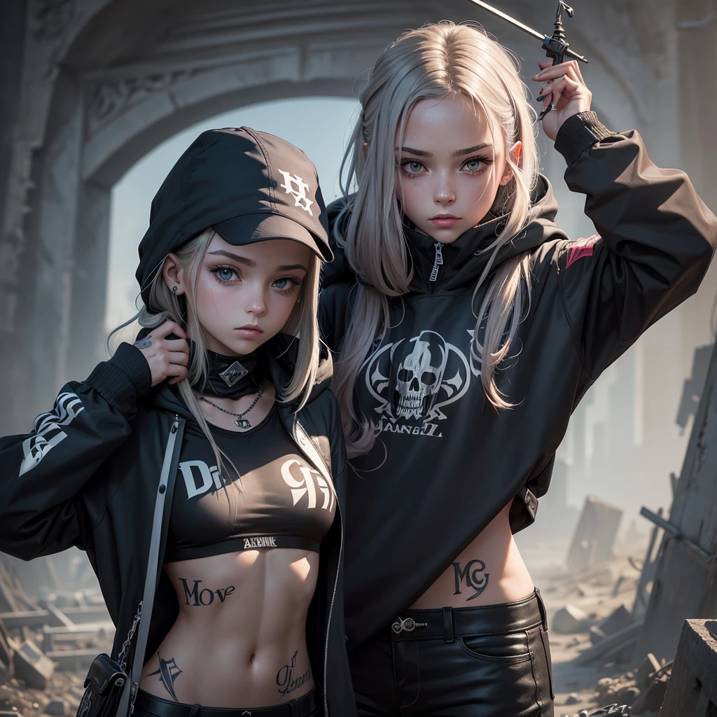 Artwork, une fille, gangster, avec une cagoule à tête de mort, tatouage sur tout le corps, agressif, armé, dark fantasy
