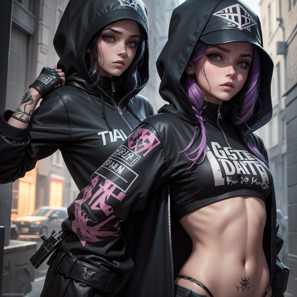 Artwork, une fille, gangster, avec une cagoule à tête de mort, tatouage sur tout le corps, agressif, armé, dark fantasy