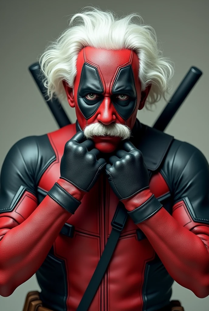 ALBERT EINSTEIN DRESSED AS DEADPOOL TAKING OFF HIS MASK