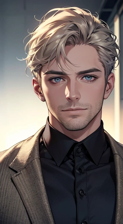(best quality,4k,8k,highres,masterpiece:1.2),ultra-detailed,(realistic,photorealistic,photo-realistic:1.37),1 man,31 years old,mature man,very handsome,without expression,smile,short grey golden hair,blue eyes,penetrating gaze,perfect face without errors,imposing posture,businessman,office background,cinematic lighting,hdr image