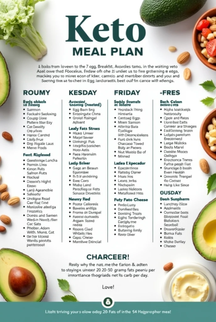 Create a detailed and visually appealing image of a 7-day keto diet meal plan. The layout should be clear, with each day of the week labeled and meals (breakfast, lunch, dinner, and snacks) listed under each day. The meals should include a variety of keto-friendly foods like eggs, avocado, salmon, chicken, beef, leafy greens, nuts, cheese, and low-carb vegetables. The background should be light and clean, with subtle keto-themed elements like avocados, nuts, and healthy fats. Include macros (carbs, fats, proteins) for each meal, and a note on the side about the importance of staying under 20-50 grams of net carbs per day