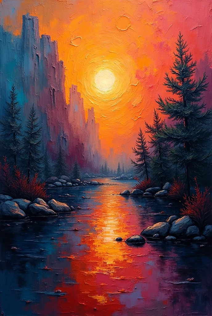 a thick textured oil painting, impasto brushstrokes, dry brushing, paletteknife oil painted harmonic colors, modern impasto style, abstract art, vibrant colors, deep shadows, warm lighting, atmospheric, moody, dramatic, intricate details, dynamic composition, expressive brushwork, textural paint surface, (best quality,4k,8k,highres,masterpiece:1.2),ultra-detailed,(realistic,photorealistic,photo-realistic:1.37)