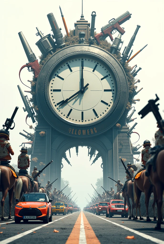 There is a title "FELLOWERS" on a very big clock on the road. Guns, swords, knifes, bikes, cars and horses are also on the road. White background with a 3d, Aesthetic, Sci-Fi poster. Some blurry bullets passing over the title "FELLOWERS".