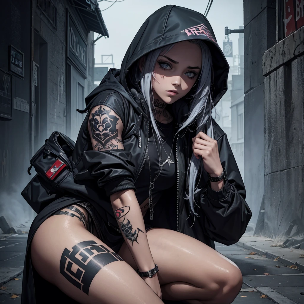 Artwork, une fille, gangster, avec une cagoule à tête de mort, tatouage sur tout le corps, agressif, armé, dark fantasy