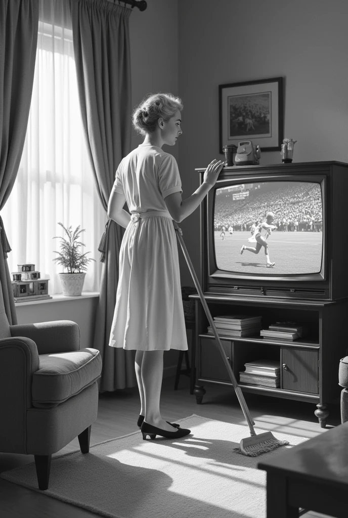 An old black and white cleaning product advertisement, where the woman is cleaning the house watching a men&#39;s Olympic sport on TV