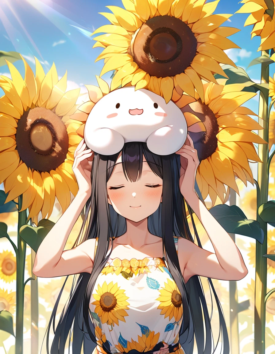Girl,cute,cute,Chest to head,Straight Hair,Long Hair,Black Hair,sunny,big breast photos,Light shines in,Floral print dress,Are standing,Close ~ eyes,noon,pray,Sunflower background