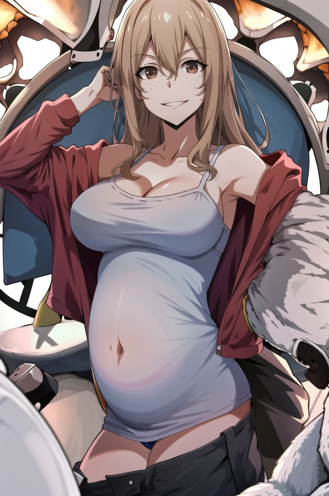 score_9, score_8_up, score_7_up, source_anime, best quality, clear face, 1girl, Clair Aoki, masterpiece, best quality, highres, aoki1, brown eyes, freckles, large breasts, bikini, shorts, cleavage, smile, looking at viewer, sky, standing, pregnant belly, huge belly, big belly, Belly button, Maternity nightgown 