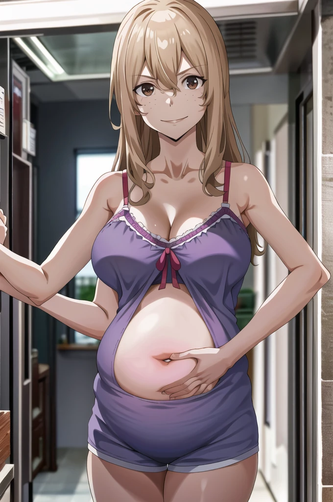 score_9, score_8_up, score_7_up, source_anime, best quality, clear face, 1girl, Clair Aoki, masterpiece, best quality, highres, aoki1, brown eyes, freckles, large breasts, bikini, shorts, cleavage, smile, looking at viewer, sky, standing, pregnant belly, huge belly, big belly, Belly button, Maternity nightgown 