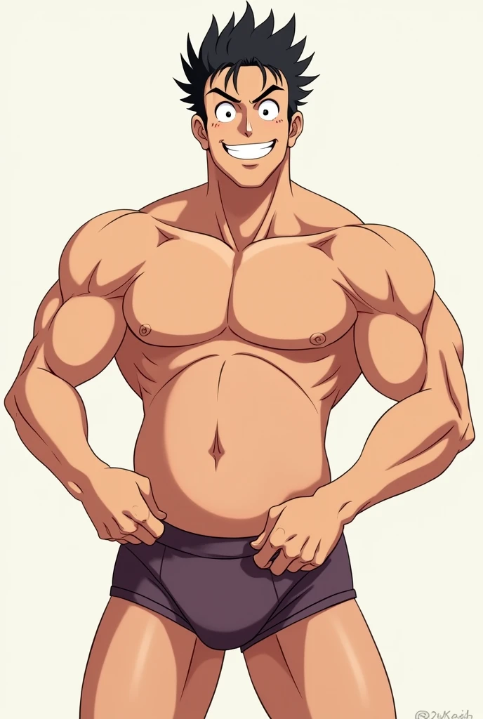 Shirtless smiling anime man taking off his boxers with big bulge