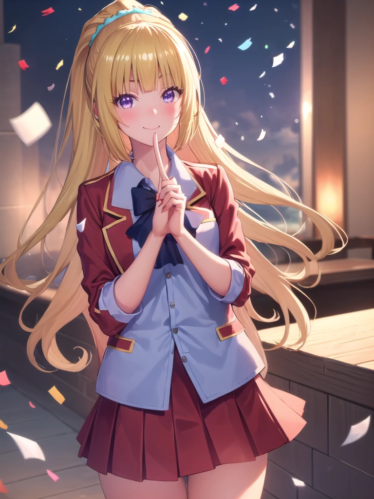 no background:1.6, kei karuizawa, peace sign:1.3, (confetti:1.3), head tilt:1.3, Long Hair, bangs, blunt bangs, (Purple eyes:1.1), Blonde, shirt, hair ornaments, ponytail, Scrunchie, blue Scrunchie, smile, break skirt, shirt, bow, Jacket, (red Jacket:1.2), Pleated skirt, bowtie, sweater, (blue bow:1.2), (blue shirt:1.2), break looking at viewer, (Cowboy Shot:1.5), break (masterpiece:1.2), Highest quality, High resolution, (Beautiful attention to detail:1.6), Highly detailed face, Perfect lighting, Highly detailed CG, (Perfect hands, Perfect Anatomy), (3D Face:1.1), (Shiny skin:1.5), (超High resolution intricate face details), (Facial skin pores:1.3), 超High resolution cloth texture, 大きなsmile, Blushing, Open your mouth, Showing off her perfect legs