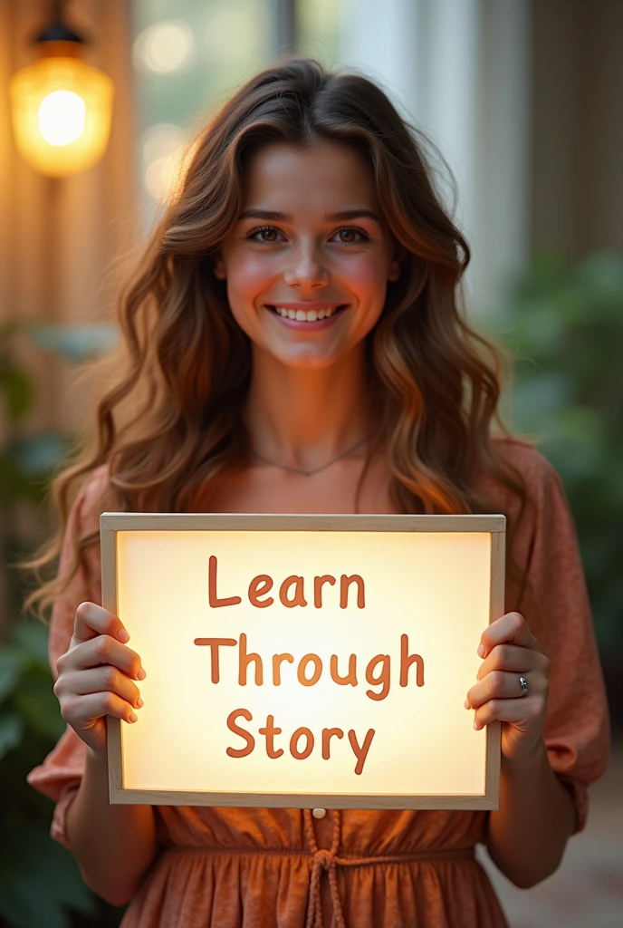 Beautiful girl with heart-warming smile and wavy long hair, bohemian dress, holding a white board with text "learn English Through Story" and showing it to the viewer, the board is glowing with a the text.Different quality girl.