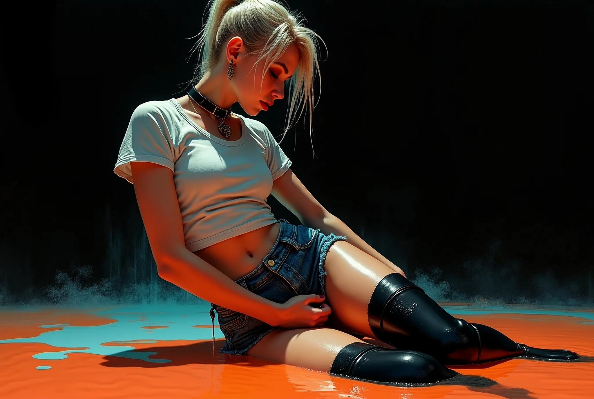 conceptual art, drowning, dripping wet, drama, indulges in fetish, rubber black stockings, vintage jeans cut-offs, wet t-shirt, slave collar, stuck in slime, orange blue, black, void, sensually touches her crotch