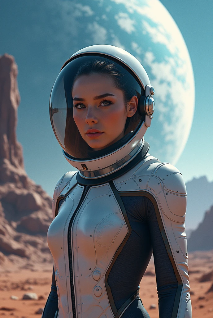 a woman in a space suit standing in front of a planet, beautiful woman in spacesuit, movie still 8 k, 8k portrait render, from a 2 0 1 9 sci fi 8 k movie, highly detailed vfx portrait of, cgsociety 8k, cgsociety 8k, cgsociety 8 k, beautiful cinematic lighting, gorgeous cinematic lighting