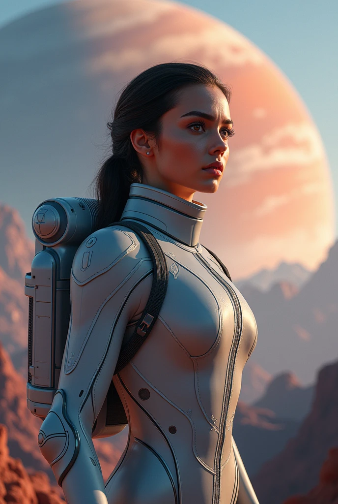 a woman in a space suit standing in front of a planet, beautiful woman in spacesuit, movie still 8 k, 8k portrait render, from a 2 0 1 9 sci fi 8 k movie, highly detailed vfx portrait of, cgsociety 8k, cgsociety 8k, cgsociety 8 k, beautiful cinematic lighting, gorgeous cinematic lighting