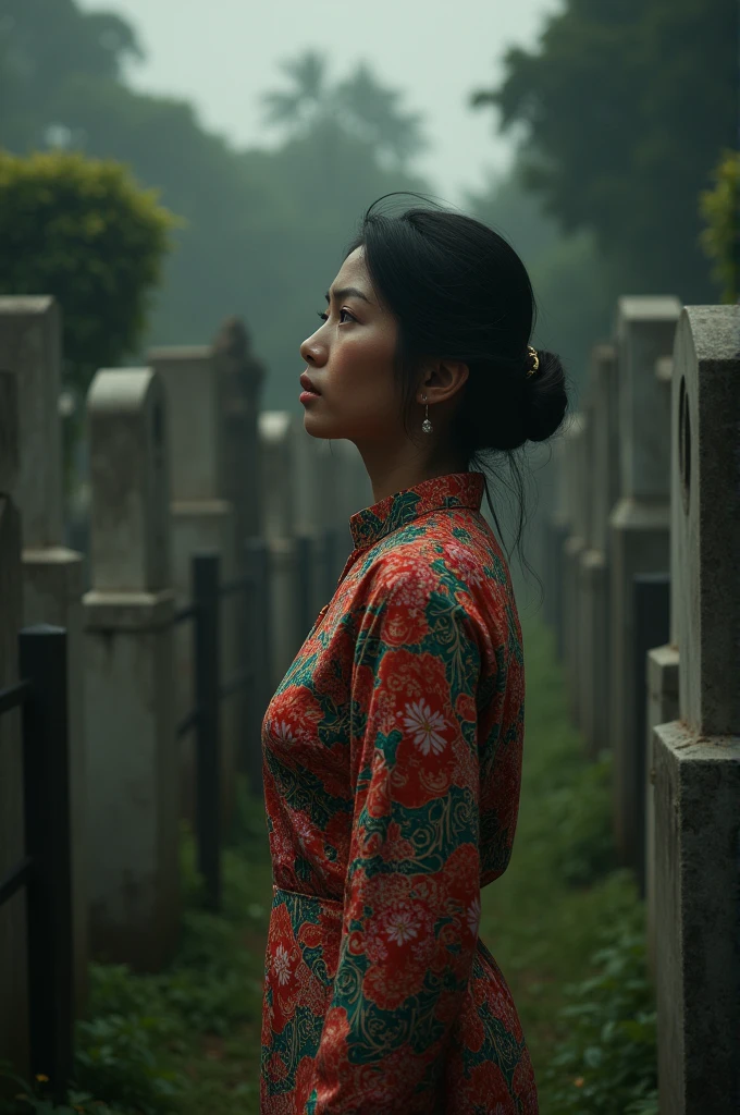 a woman wearing a kebaya and crying near the graves of Indonesian heroes.