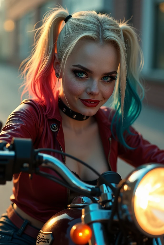 A hyper realism HARLEY QUINN blue eyes with Dental bridge very sharp focus accurate face full natural color, riding on a Harley Davidson motorbike bright atmospheric light beam, 64k, perfect composition, weird things, cinematic , Whimsical, exceptional detail UHD intense color shot with Fujifilm XF 56mm. high-speed action, ultra-wide-angle, soft lighting, 64k, sharp, depth of field, high-speed action , ultra-wide-angle ,soft lighting, 64k, sharp depth of field, highly detailed. focus, studio photo, details, highly Rutkowski, intricate, busy, raw, 64k, isometric, digital smog, 3d render, octane volumetr.