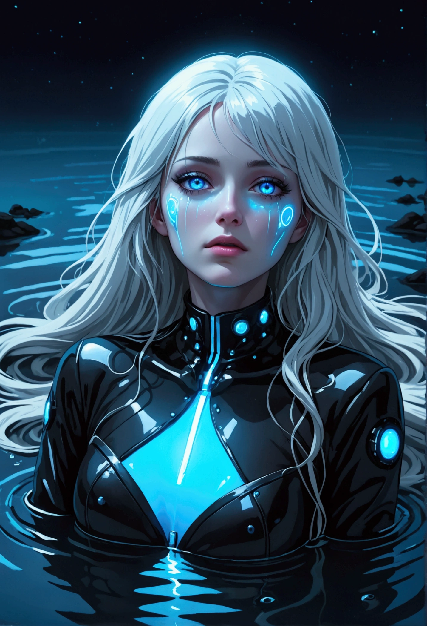 ((best quality)), ((masterpiece)), (detailed), (total body), perfect face, a beautiful woman with white long hair and a sky blue reflection, she has a tufted fringe, she has sky blue eyes, she has total black cyber suit clothes with some neon sky blue lights on it, cyber line on her face, she is suffering and dying lying in the water in a pond, in the night with skyblue lights, she has fatal injuries. total body.