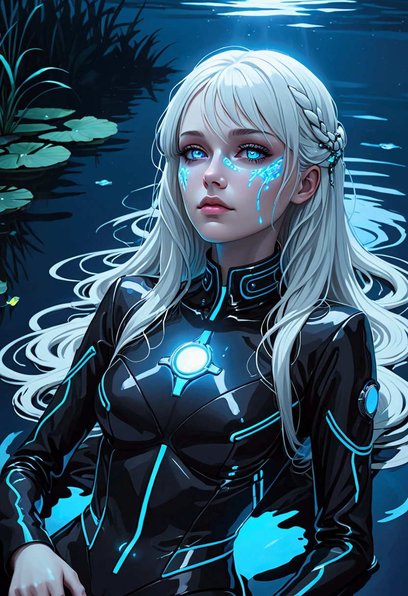 ((best quality)), ((masterpiece)), (detailed), (total body), perfect face, a beautiful woman with white long hair and a sky blue reflection, she has a tufted fringe, she has sky blue eyes, she has total black cyber suit clothes with some neon sky blue lights on it, cyber line on her face, she is suffering and dying lying in the water in a pond, in the night with skyblue lights, she has fatal injuries. total body.