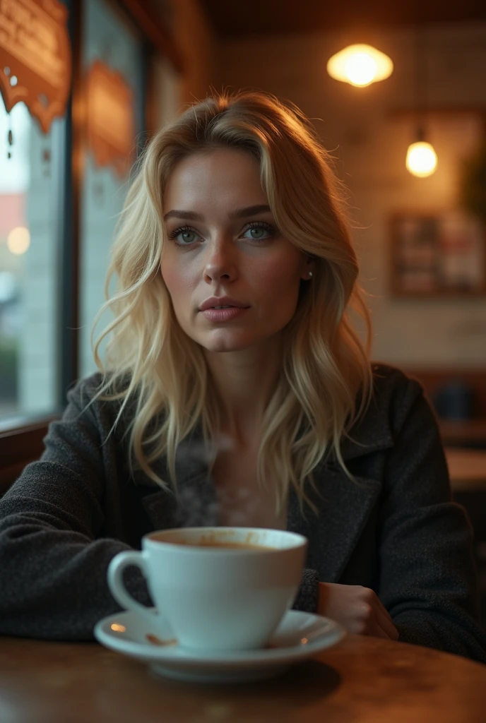 cinematic film still, cozy atmosphere, of an attractive, 30 year old , blonde woman,in an inviting cafe,shallow depth of field