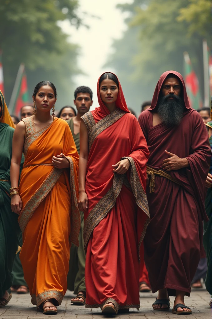 Hindu,Muslim, Buddhist,christions,Chakma walking with religions dress with Bangladeshi flags