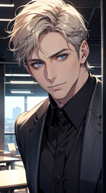 (best quality,4k,8k,highres,masterpiece:1.2),ultra-detailed,(realistic,photorealistic,photo-realistic:1.37),1 man,31 years old,mature man,very handsome,without expression,smile,short grey golden hair,blue eyes,penetrating gaze,perfect face without errors,imposing posture,businessman,office background,cinematic lighting,hdr image