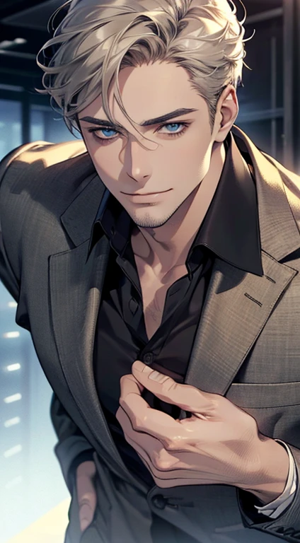 (best quality,4k,8k,highres,masterpiece:1.2),ultra-detailed,(realistic,photorealistic,photo-realistic:1.37),1 man,31 years old,mature man,very handsome,without expression,smile,short grey golden hair,blue eyes,penetrating gaze,perfect face without errors,imposing posture,businessman,office background,cinematic lighting,hdr image
