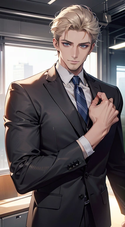 (best quality,4k,8k,highres,masterpiece:1.2),ultra-detailed,(realistic,photorealistic,photo-realistic:1.37),1 man,31 years old,mature man,very handsome,without expression,smile,short grey golden hair,blue eyes,penetrating gaze,perfect face without errors,imposing posture,businessman,office background,cinematic lighting,hdr image