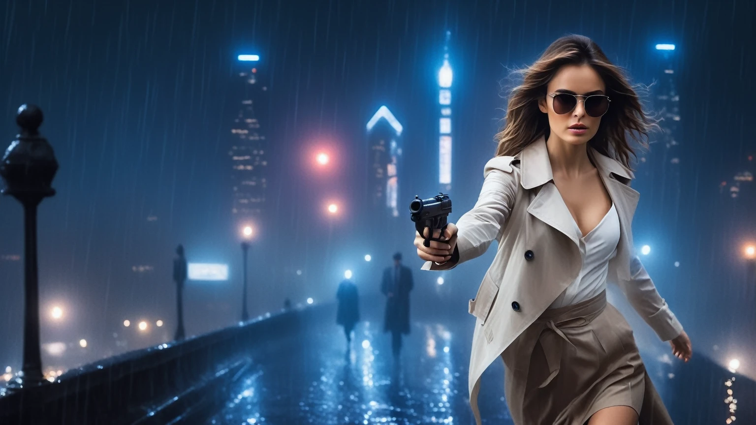 (Hyper-realistic photograph:1.4), Captivating scene under the rain at night on a rooftop, a sexy slim woman, large breast cleavage, with short brown hair, three-quarters view, Black trench coat, (black sunglasses, holding a short gun), with a dark rainy city landscape in background, blue eyes, photography style, (half-body shot:1.3), (contemplative expression:1.2),(well-lit:1.2) Extremely Realistic, serendipity art, (sharp focus:1.3), intricate details, highly detailed, by God himself, original shot, masterpiece, detailed and intricate, Movie Still, guttojugg1