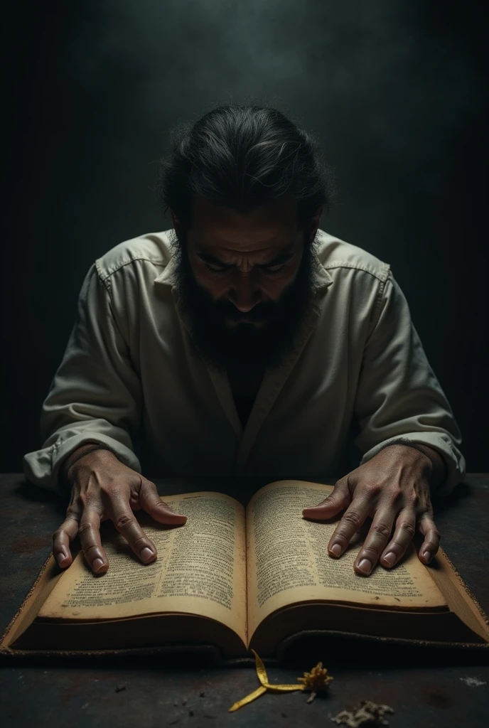 Plz generate this picture
A man suciding in a dark room in front of bhagavdgeeta book
