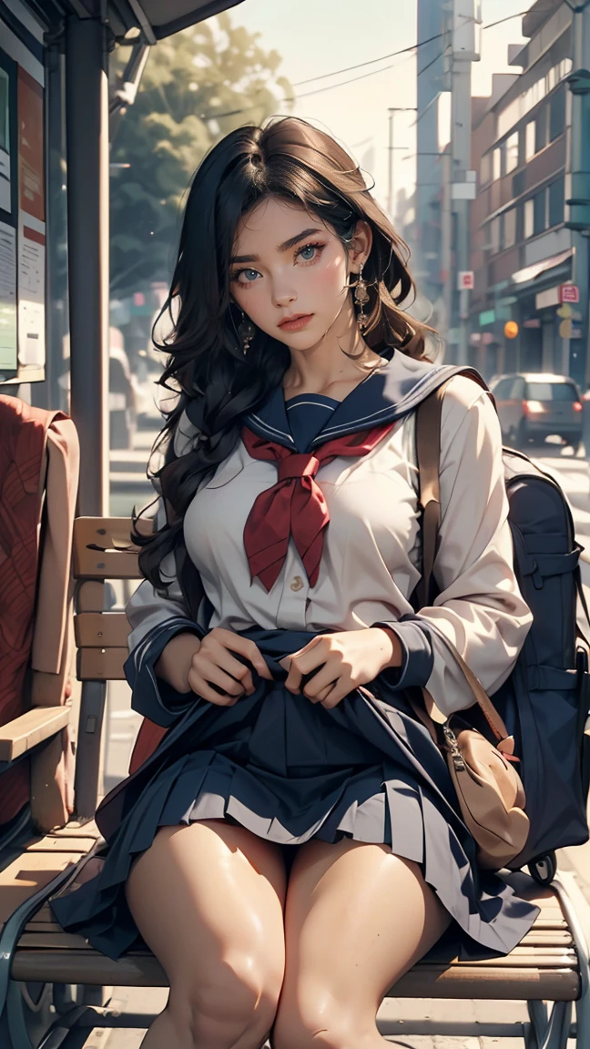 Japanese 、Sailor suit、Navy blue mini pleated skirt、loafers、school bag、Sitting on a chair with a classmate of the same sex in the bus stop waiting room, waiting for the bus、One Summer Day,(hem lift:1.3),(open bag:1.3),(adnet weight:1.0),(hem that rolls up:1.3),(Fully exposed pussy:1.5)