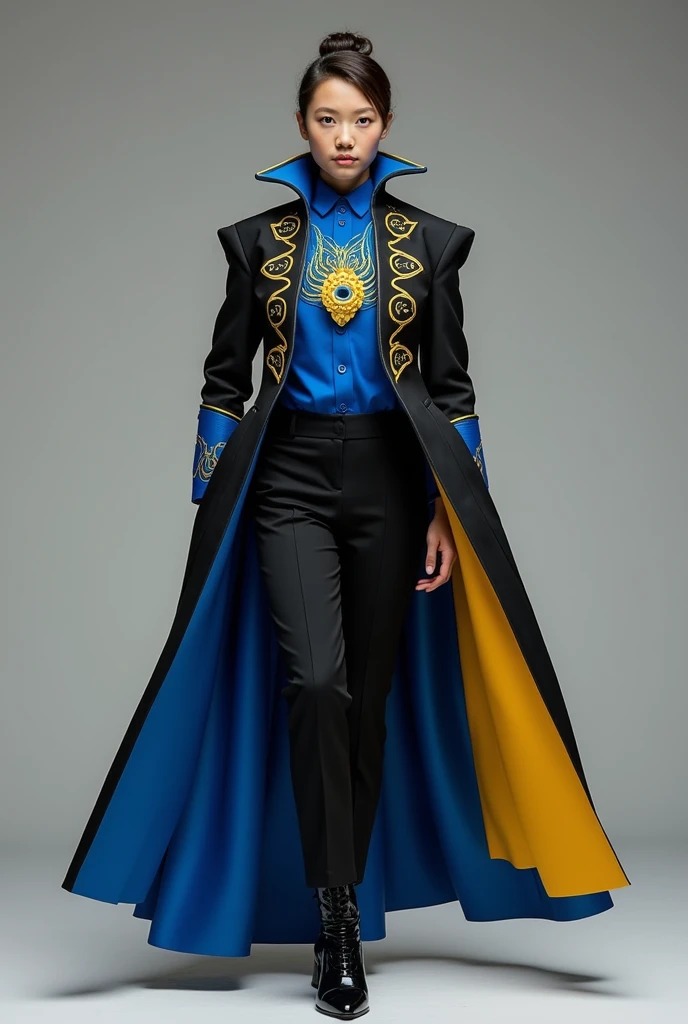 Marching band choreography outfit featuring a black peacock tail jacket with blue and yellow statements on the right and left sides, with long sleeves and open so that a blue shirt appears underneath and with simple black dress pants with the sides decorated in blue