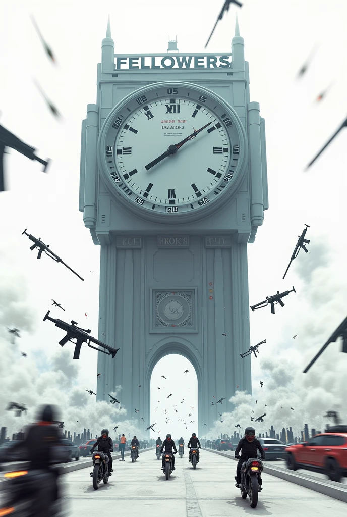 There is a title "FELLOWERS" on a very big clock on the road. Guns, swords, knifes, bikes, and cars are also on the road. White background with a 3d, Aesthetic, Sci-Fi poster. Some blurry bullets passing over the title "FELLOWERS".