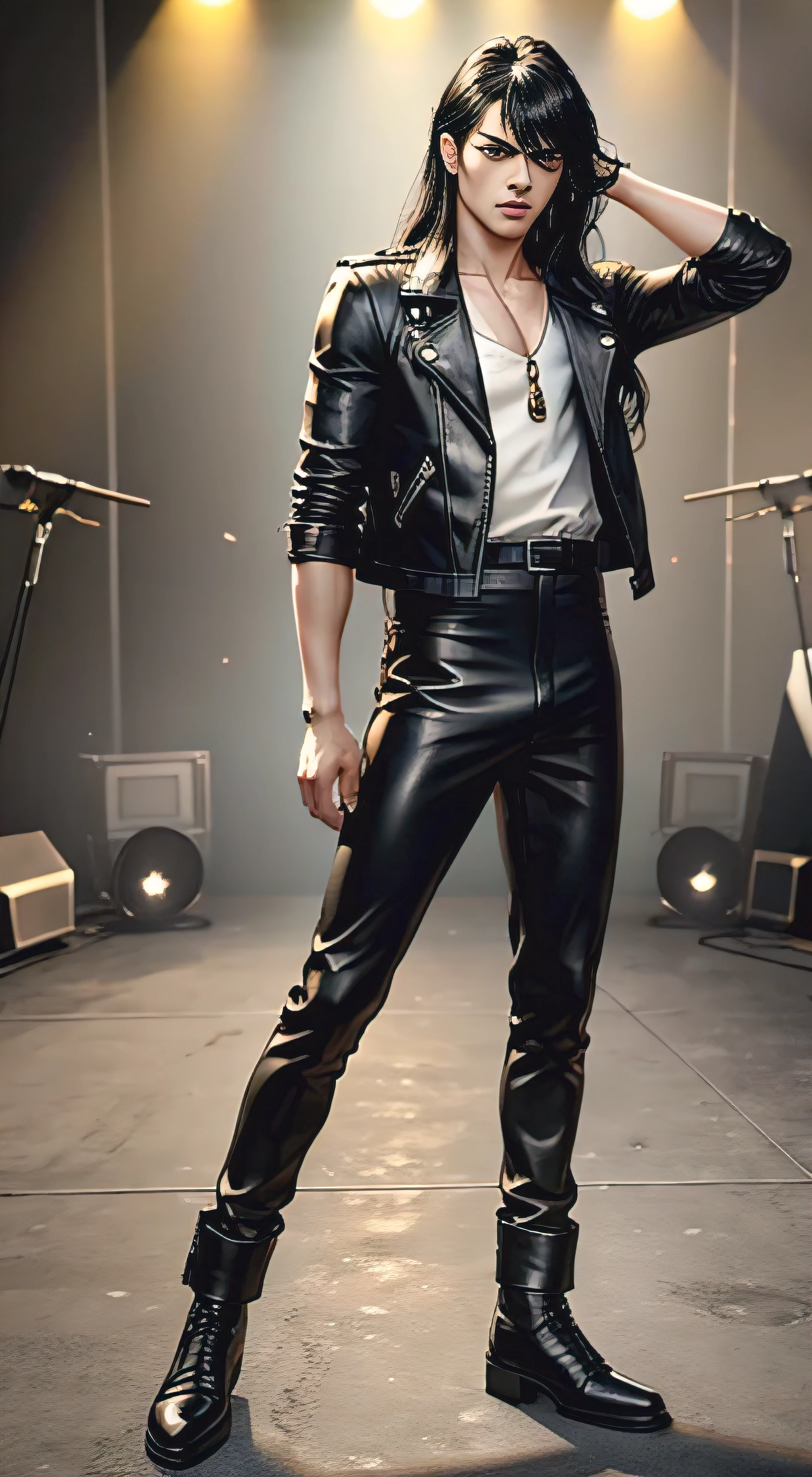 (Concept Art), masterpiece, Highest quality, Realistic, 8K RAW Photos, Tarot Card Style, Absurd iris texture, Accurate anatomy, Facing the audience, Cowboy Shot, (Realistic:1.5) , Perfect body, Alluring face, 19 years old、((Full body view))、((Kadoma Daioh))、美juvenile、Mature face、Wide-set eyes,A tough climb、Three white eyes、Michael Jackson style、Very wide eyes、White skin and black hair、((Neutral face))、Long Hair、Center parted hair、Disheveled Hair、Bangs hide the right eye、Long legs、black eye, Long legs, Long black hair, Edge lighting,、Slender body、juvenile、Narrow waist、Rock Stage、Get angry、Grab the microphone、Screaming and singing、Bow-legged、Leather jacket、Leather pan、Leather jumpsuit、Men's、Knee-high boots、Dark fantasy,Backed by a rock band