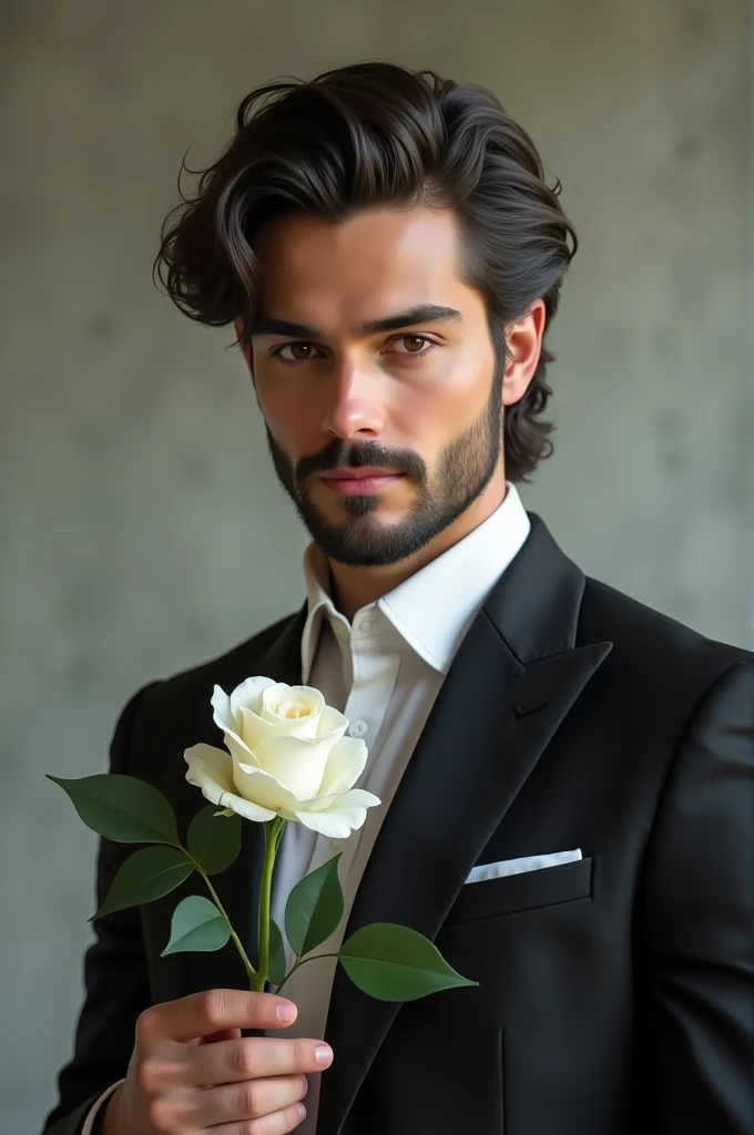 A 29 year old young gentleman with curly hair and a short beard with a white rose in his hand