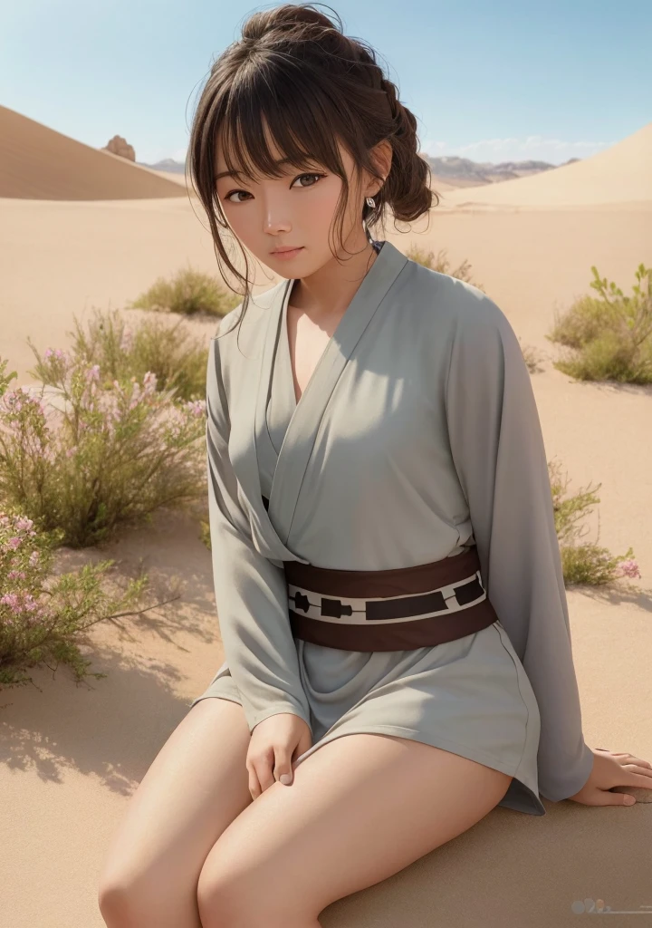 (Jedi meditation:1.3), serene photo,1girl, Jedi master in deep meditation,  in jedioutfit, sitting cross-legged,  (desert oasis:1.1), surrounded by blooming desert flowers, harmonizing with the Force, spiritual retreat, transcendent tranquility, desert enlightenment,  Absurdres, hdr, ultra detailed illustration, extremely detailed face, RAW photo, film grain, skin pores, trending on deviantart 