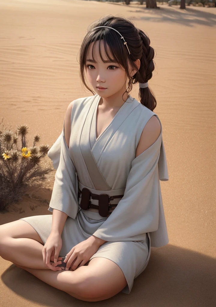 (Jedi meditation:1.3), serene photo,1girl, Jedi master in deep meditation, in jedioutfit, sitting cross-legged, (desert oasis:1.1), surrounded by blooming desert flowers, harmonizing with the Force, spiritual retreat, transcendent tranquility, desert enlightenment, Absurdres, hdr, ultra detailed illustration, extremely detailed face, RAW photo, film grain, skin pores, trending on deviantart
