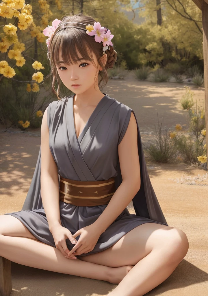 (Jedi meditation:1.3), serene photo,1girl, Jedi master in deep meditation,  in jedioutfit, sitting cross-legged,  (desert oasis:1.1), surrounded by blooming desert flowers, harmonizing with the Force, spiritual retreat, transcendent tranquility, desert enlightenment,  Absurdres, hdr, ultra detailed illustration, extremely detailed face, RAW photo, film grain, skin pores, trending on deviantart 