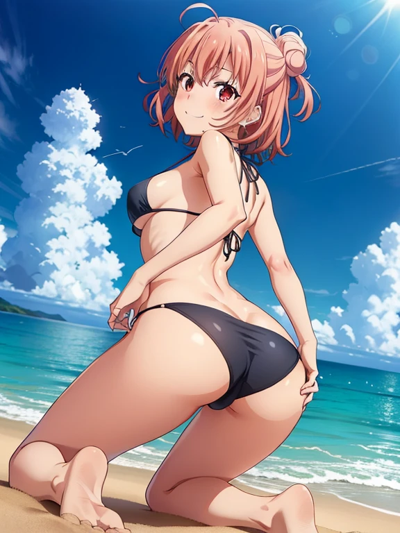 ((masutepiece, Best Quality, hight resolution, nffsw, Perfect Pixel, depth of fields, 4K, )), 1girl in, Solo, , Beautiful anime girl, Beautiful Art Style, 
very low view angle:1.3, view from below:1.5, kneeling:1.3, looking back:1.3, (hands on own ass), (grabbing own ass), ass stretch,
ass spread, beach background, sand,
Perfect body, smile face:1.5 shot from below:1.4, black bikini:1.5,
Yuigahama Yui, Hair bun, short hair, medium breasts,
Full face blush, red face, 
straight on:1.3, medium shot