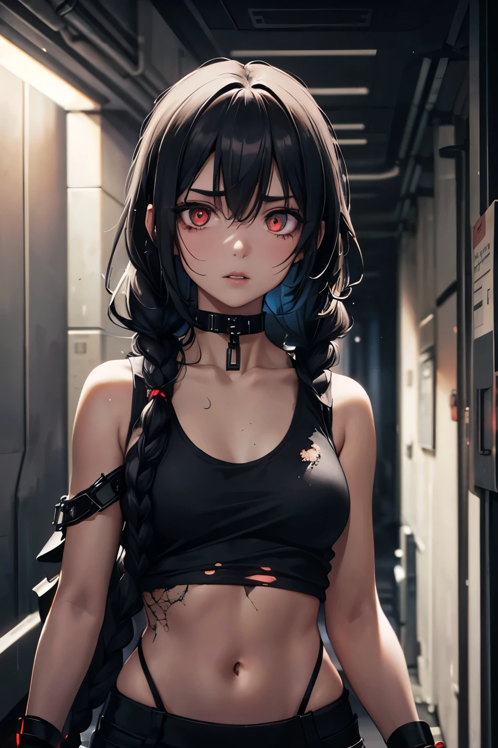 Fearful girl, glowing eyes, (wearing tattered black tank top: 1.2), (full lips: 1.2), long black braid, (long shot in futuristic corridor: 1.2)