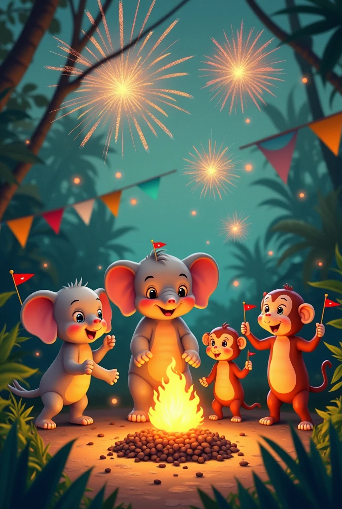 In a lush, vibrant jungle, cute animals like baby elephants, playful monkeys, and colorful birds gather to celebrate Independence Day for the first time. The jungle is decorated with small flags and colorful lights. The animals are dancing and playing, some holding tiny flags in their paws or beaks. A central bonfire adds warmth to the scene, while the sky above is filled with bright, festive fireworks. The atmosphere is joyful and heartwarming, capturing the innocence and excitement of the animals as they celebrate freedom together."