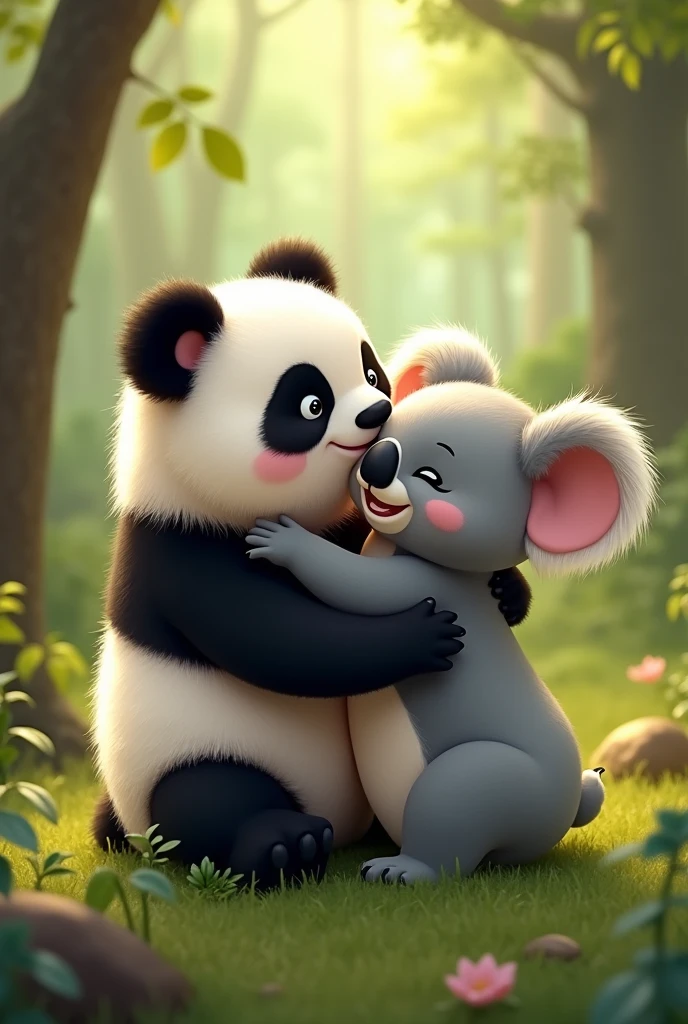 Cartoon anime 3D characters of The little panda and the koala give each other a warm hug, both smiling happily. The background shows a mix of bamboo and eucalyptus trees, symbolizing their friendship.