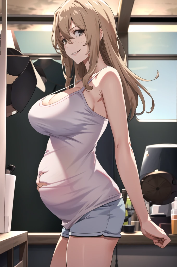 score_9, score_8_up, score_7_up, source_anime, best quality, clear face, 1girl, Clair Aoki, masterpiece, best quality, highres, aoki1, brown eyes, freckles, large breasts, bikini, shorts, cleavage, smile, looking at viewer, sky, standing, pregnant belly, huge belly, big belly, Belly button, Maternity nightgown 