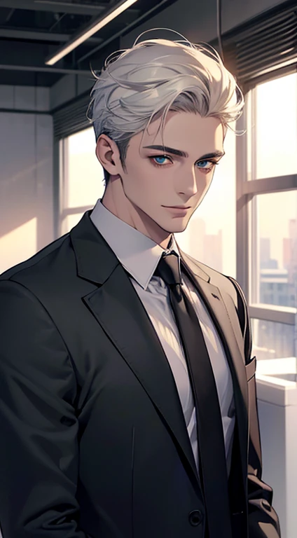 (Highest quality,4K,8K,High resolution,masterpiece:1.2),Super detailed,(Realistic,photoRealistic,photo-Realistic:1.37),1 person,34 years old,Mature Men,Beautiful skin、very handsome,Expressionless smile in love,Short white hair,green eyes,Sharp Eyes,A perfect face without a doubt,Businessman, CEO, Office Background,Cinema Lighting,HDR image,tie、