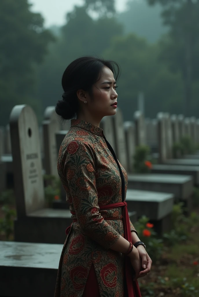 a woman wearing a kebaya and crying near the graves of Indonesian heroes.