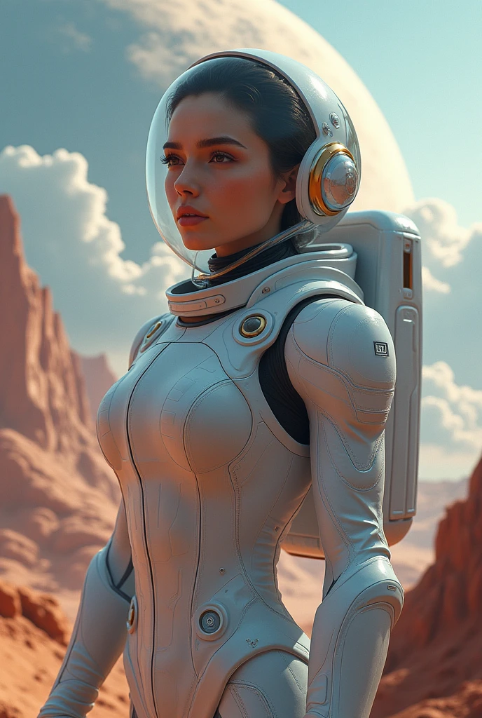 a woman in a space suit standing in front of a planet, digital art inspired by jessica rossier, cgsociety contest winner, digital art, beautiful woman in spacesuit, movie still 8 k, 8k portrait render, from a 2 0 1 9 sci fi 8 k movie, highly detailed vfx portrait of, cgsociety 8k, cgsociety 8k