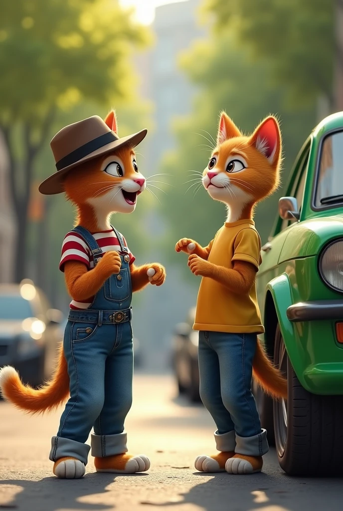 "Two anthropomorphic cats are standing on the street next to a green car. One cat, dressed in a striped shirt and denim jeans, is wearing a hat and talking animatedly with the other cat. The second cat is also in casual attire, including jeans and a shirt. They are outdoors, with a background featuring trees, a road, and a photo-like quality to the setting. The scene captures the two cats engaged in conversation beside the vehicle, highlighting their relaxed and friendly ."