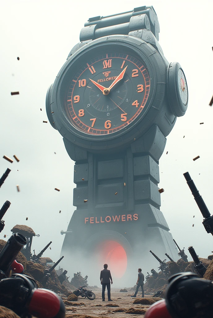 There is a title "FELLOWERS" on a very big watch on the road. Guns, swords, knifes, bikes, and cars are also on the road. White background with a 3d, Aesthetic, Sci-Fi poster. Some blurry bullets passing over the title "FELLOWERS".