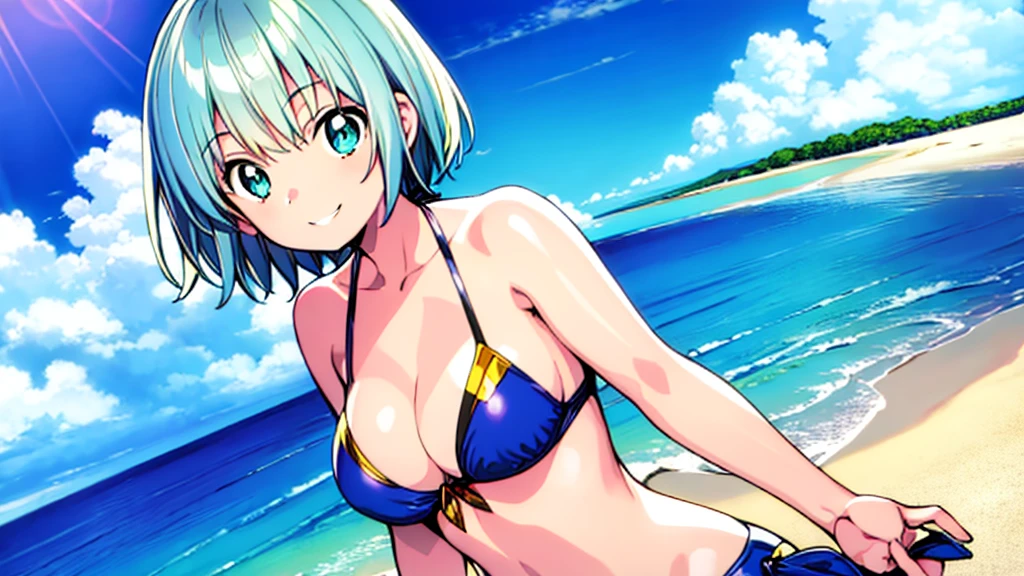 masterpiece, best quality, extremely detailed, anime , standing, beach, blue sky, green eyes, silver hair, shorthair, swimwear waving, waving, smiling