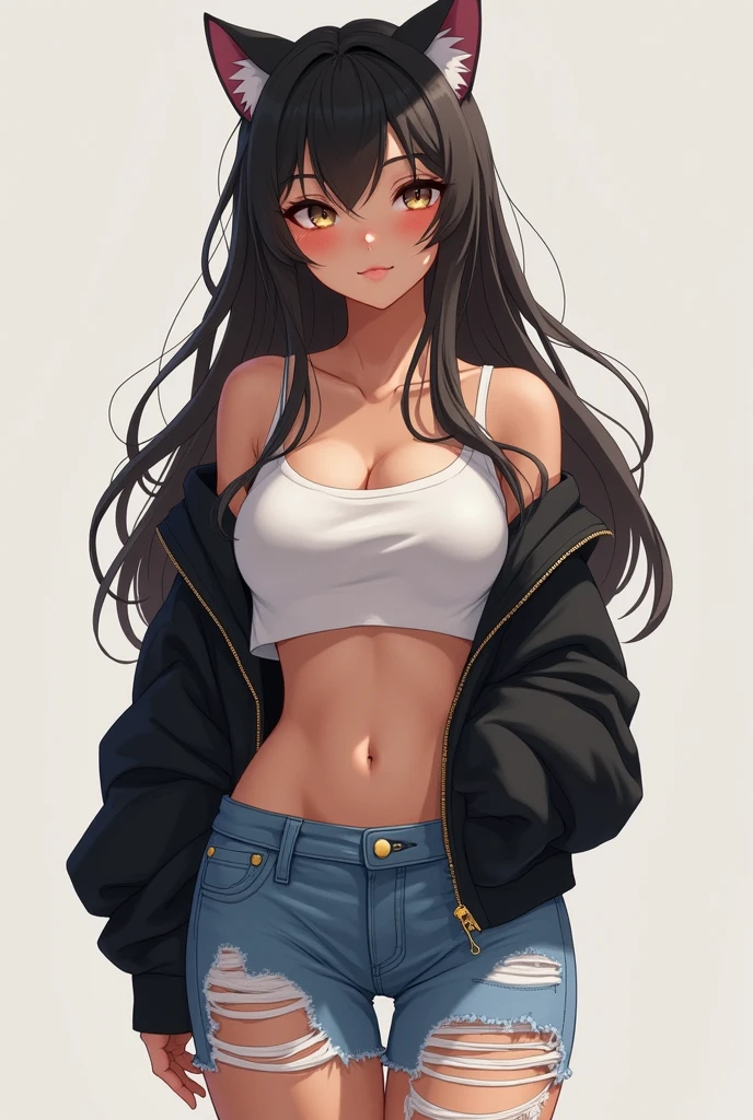 Anime girl, cat ears, tan skin, long dark hair, skinny, small breasts, thicc thighs, white shirt, black jacket, jeans ripped on the knees.